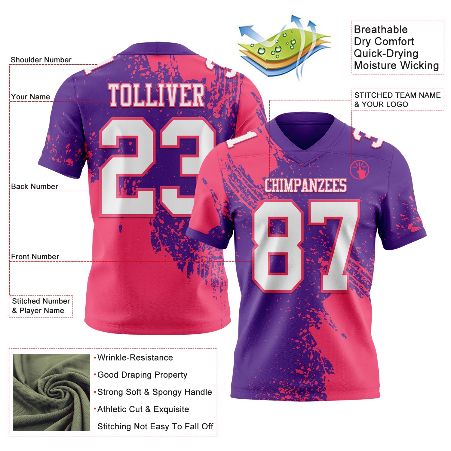 Custom Purple White-Neon Pink 3D Pattern Abstract Brush Stroke Authentic Football Jersey