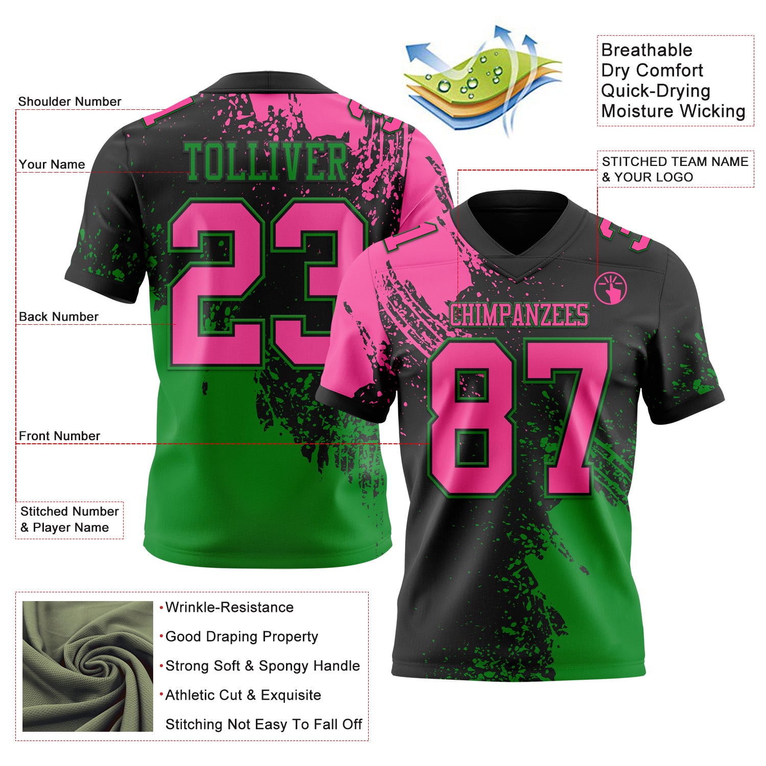 Custom Black Pink-Grass Green 3D Pattern Abstract Brush Stroke Authentic Football Jersey
