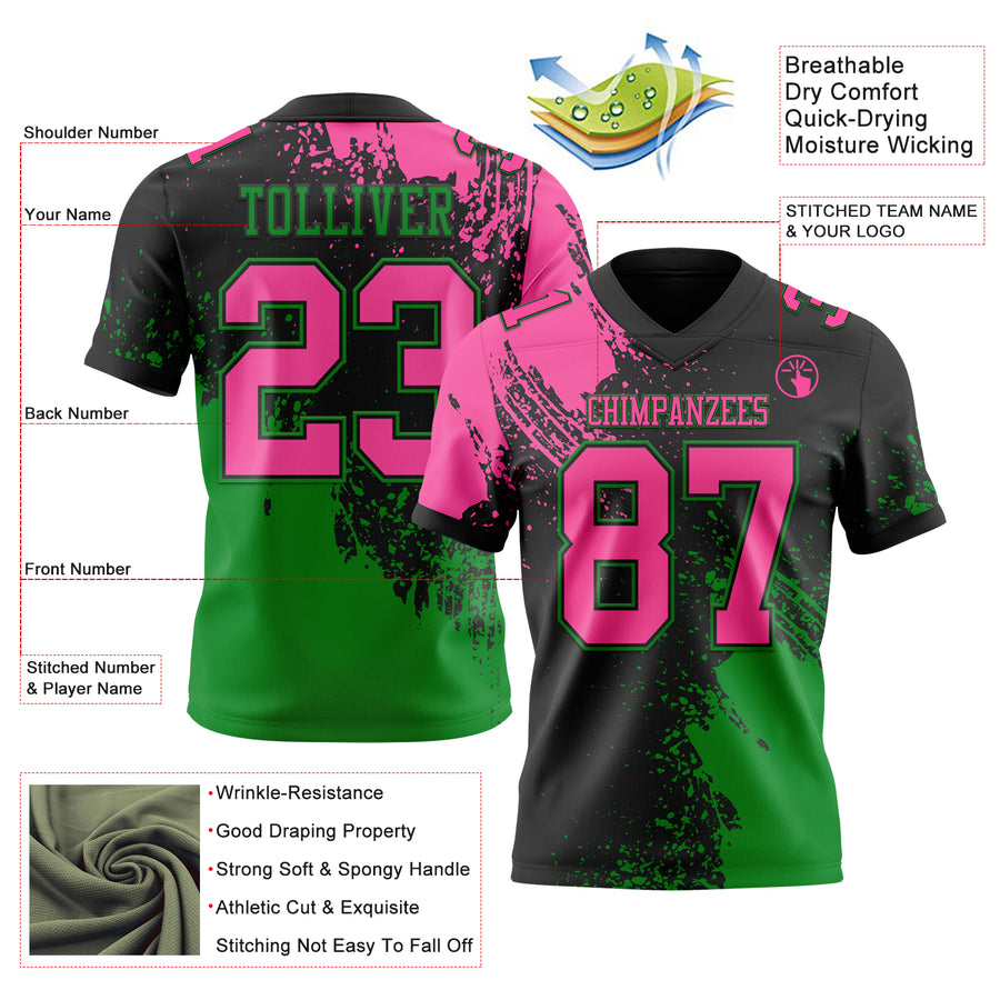 Custom Black Pink-Grass Green 3D Pattern Abstract Brush Stroke Authentic Football Jersey