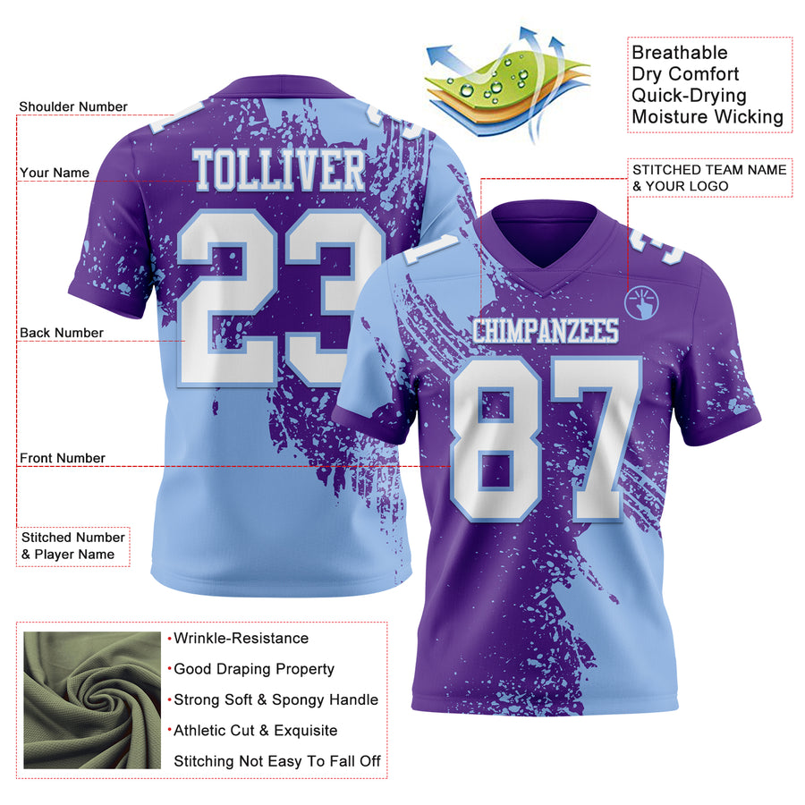 Custom Purple White-Light Blue 3D Pattern Abstract Brush Stroke Authentic Football Jersey