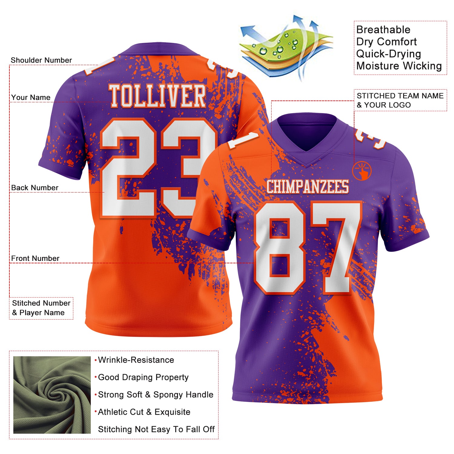 Custom Purple White-Orange 3D Pattern Abstract Brush Stroke Authentic Football Jersey