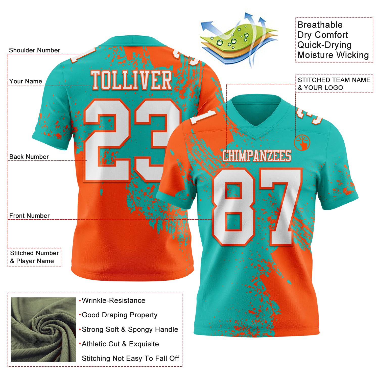 Custom Aqua White-Orange 3D Pattern Abstract Brush Stroke Authentic Football Jersey