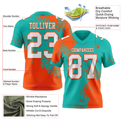 Custom Aqua White-Orange 3D Pattern Abstract Brush Stroke Authentic Football Jersey