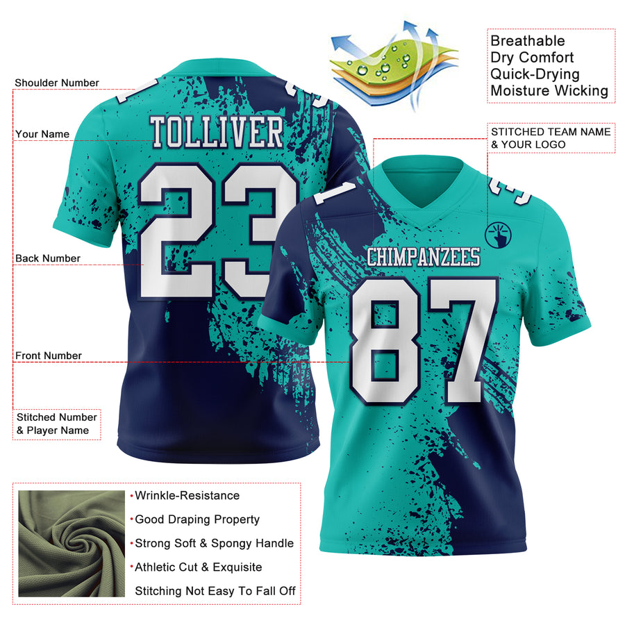 Custom Aqua White-Navy 3D Pattern Abstract Brush Stroke Authentic Football Jersey