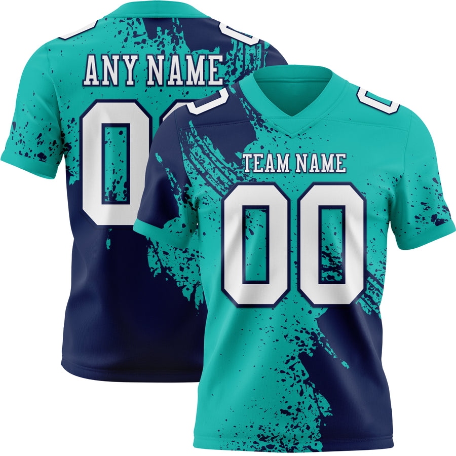 Custom Aqua White-Navy 3D Pattern Abstract Brush Stroke Authentic Football Jersey