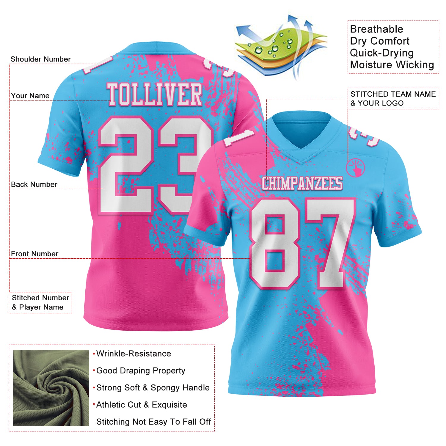 Custom Sky Blue White-Pink 3D Pattern Abstract Brush Stroke Authentic Football Jersey