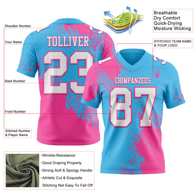 Custom Sky Blue White-Pink 3D Pattern Abstract Brush Stroke Authentic Football Jersey