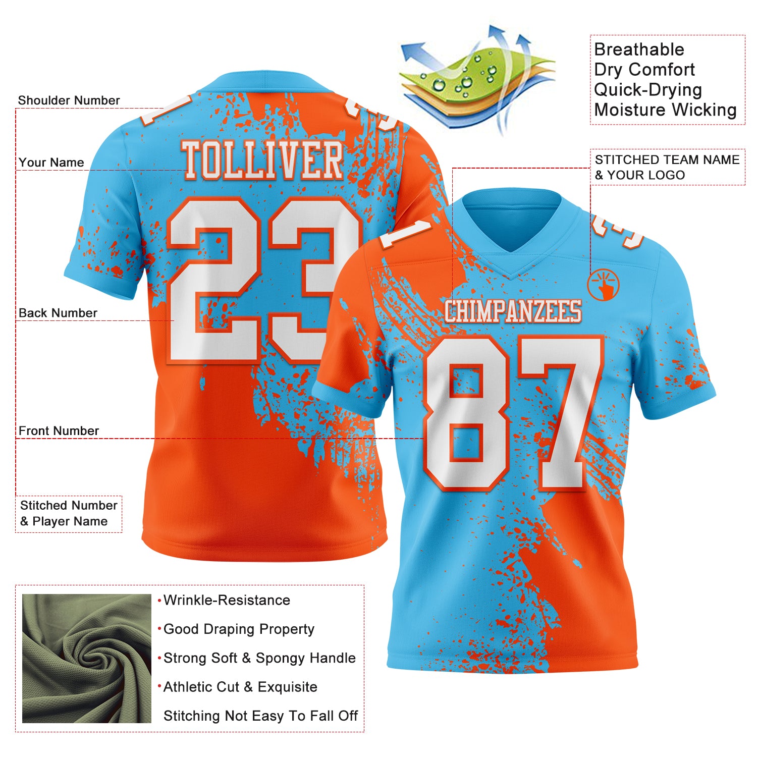 Custom Sky Blue White-Orange 3D Pattern Abstract Brush Stroke Authentic Football Jersey