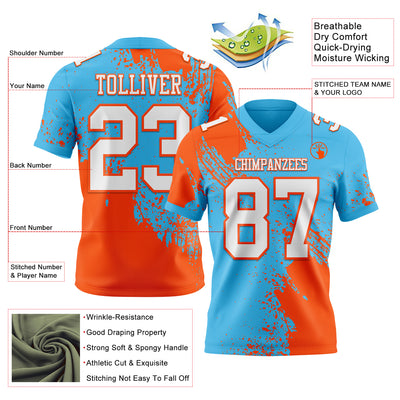 Custom Sky Blue White-Orange 3D Pattern Abstract Brush Stroke Authentic Football Jersey