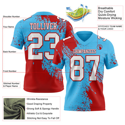 Custom Sky Blue White-Red 3D Pattern Abstract Brush Stroke Authentic Football Jersey