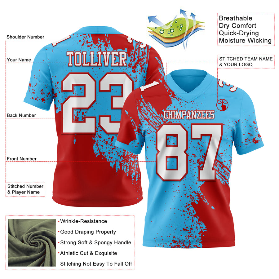 Custom Sky Blue White-Red 3D Pattern Abstract Brush Stroke Authentic Football Jersey