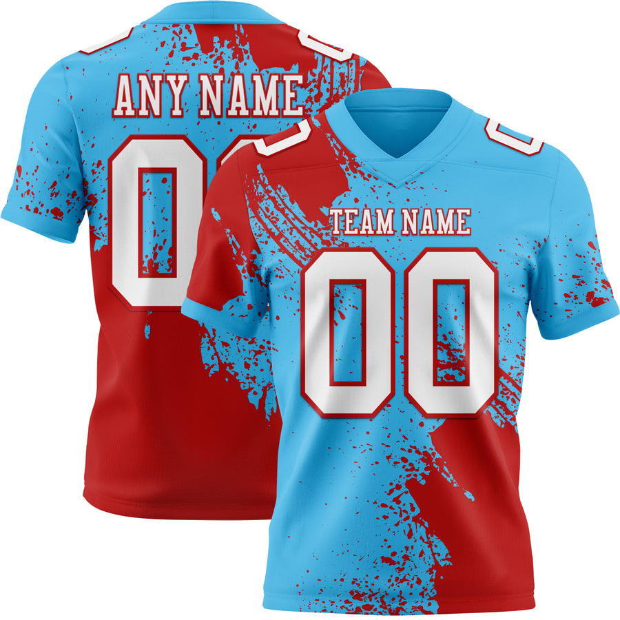 Custom Sky Blue White-Red 3D Pattern Abstract Brush Stroke Authentic Football Jersey