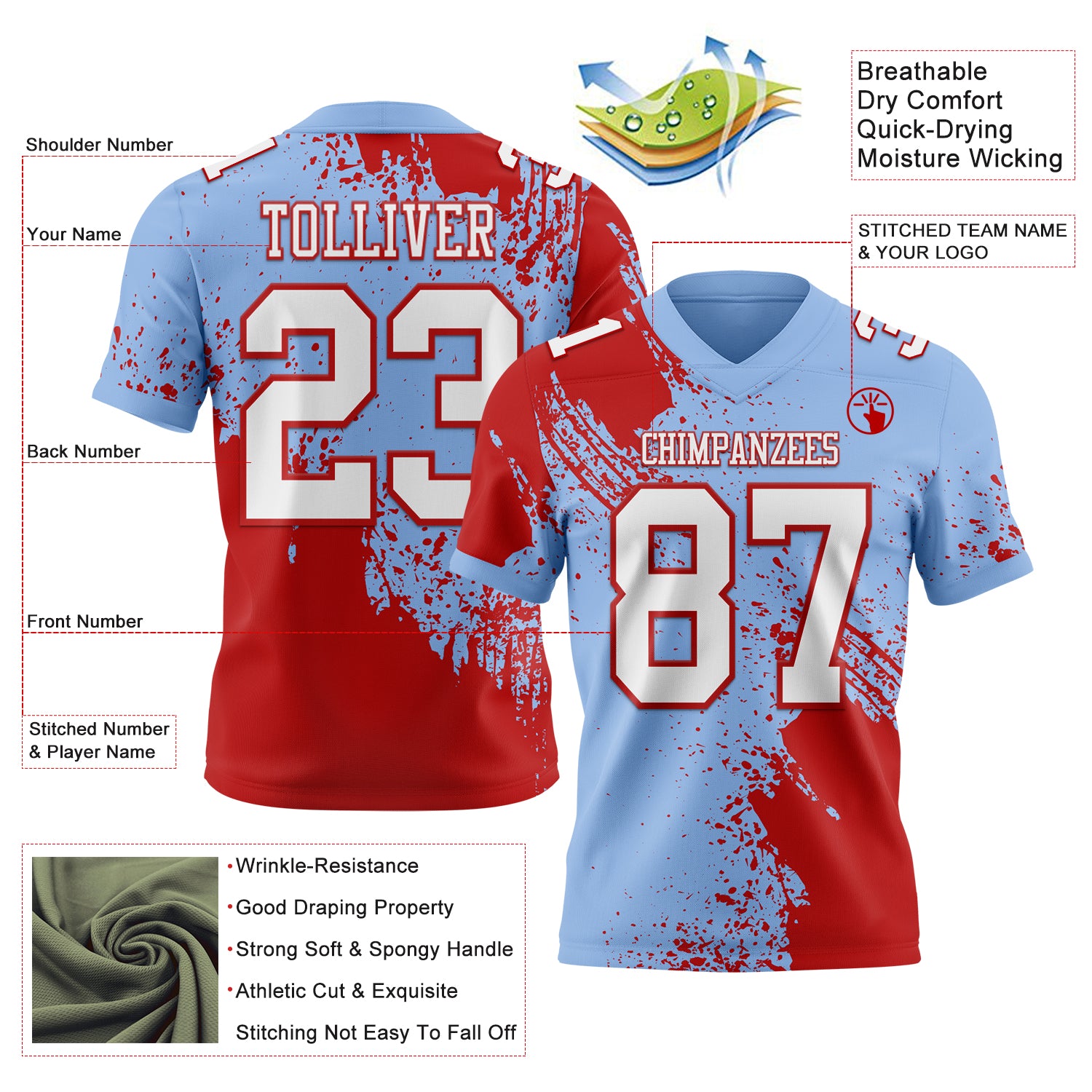 Custom Light Blue White-Red 3D Pattern Abstract Brush Stroke Authentic Football Jersey