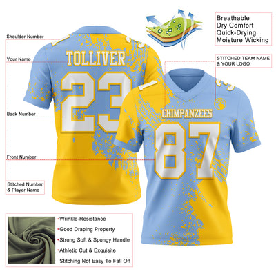 Custom Light Blue White-Yellow 3D Pattern Abstract Brush Stroke Authentic Football Jersey