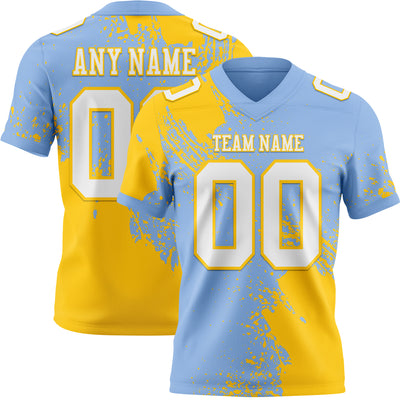 Custom Light Blue White-Yellow 3D Pattern Abstract Brush Stroke Authentic Football Jersey