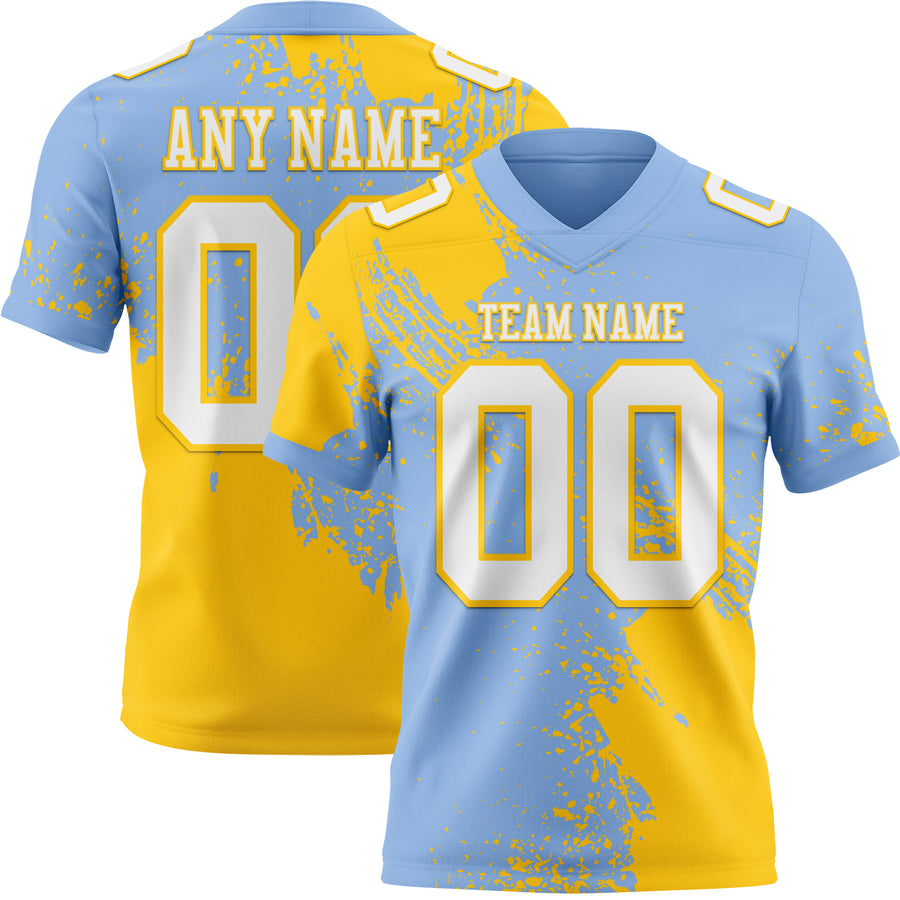 Custom Light Blue White-Yellow 3D Pattern Abstract Brush Stroke Authentic Football Jersey