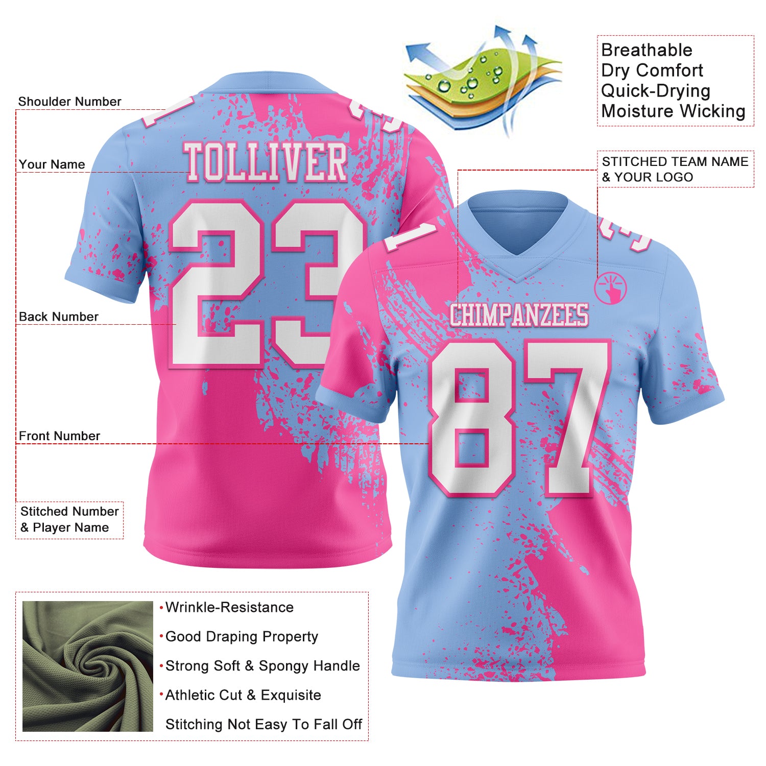 Custom Light Blue White-Pink 3D Pattern Abstract Brush Stroke Authentic Football Jersey