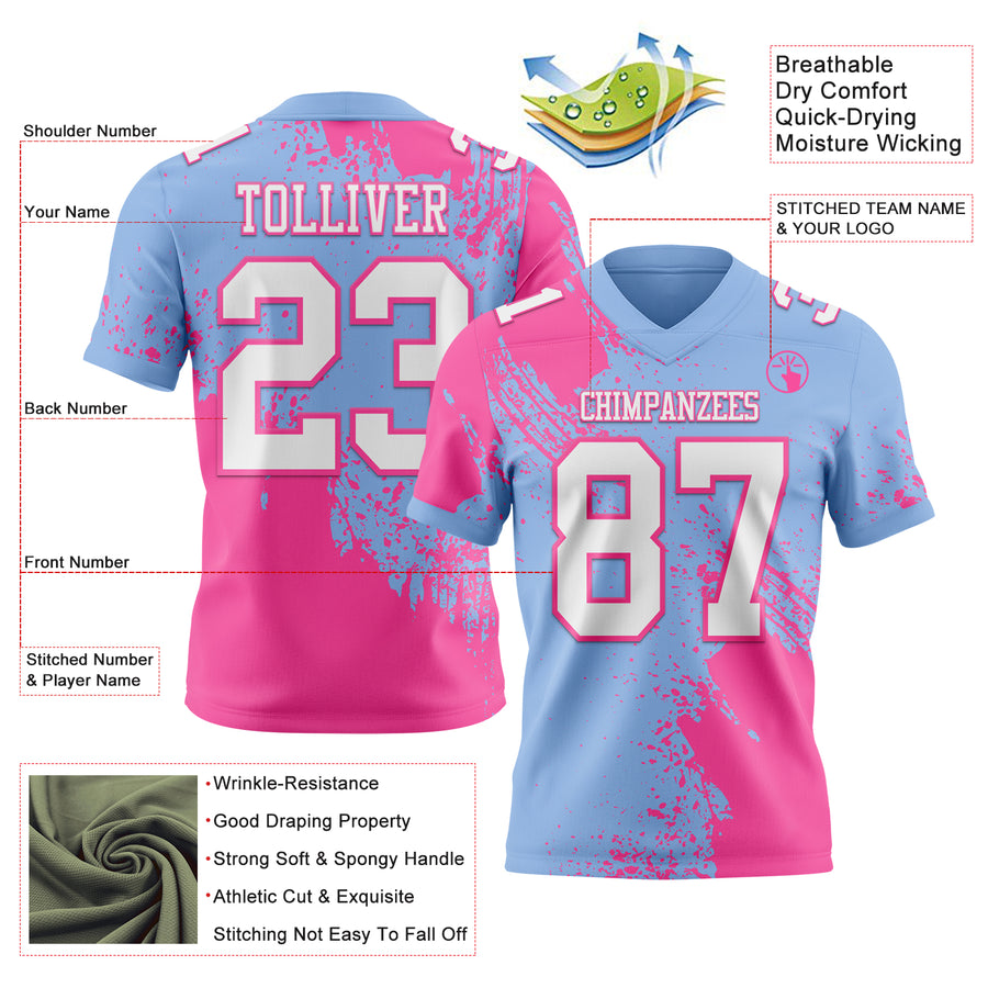 Custom Light Blue White-Pink 3D Pattern Abstract Brush Stroke Authentic Football Jersey