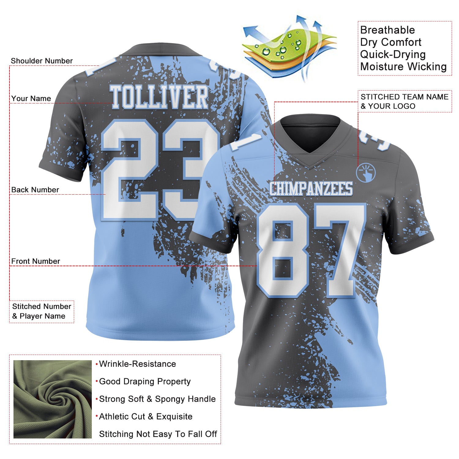 Custom Steel Gray White-Light Blue 3D Pattern Abstract Brush Stroke Authentic Football Jersey