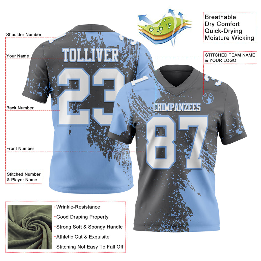 Custom Steel Gray White-Light Blue 3D Pattern Abstract Brush Stroke Authentic Football Jersey