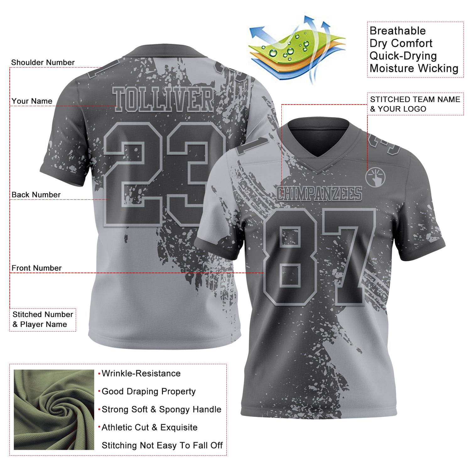 Custom Steel Gray Gray 3D Pattern Abstract Brush Stroke Authentic Football Jersey