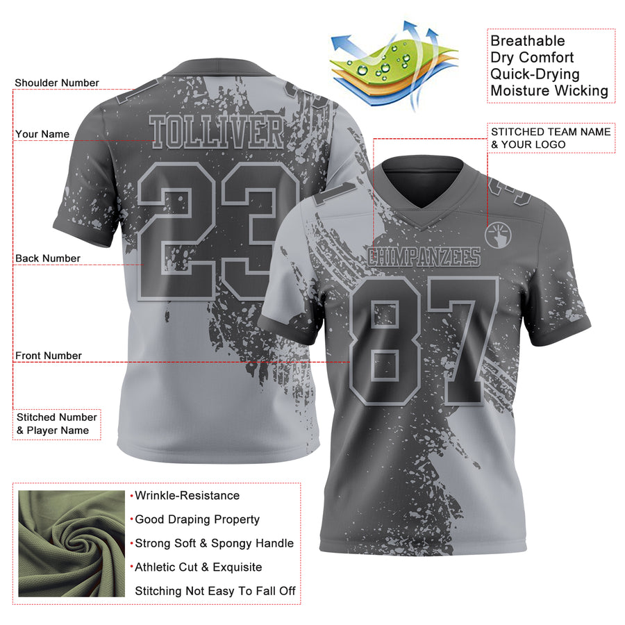 Custom Steel Gray Gray 3D Pattern Abstract Brush Stroke Authentic Football Jersey