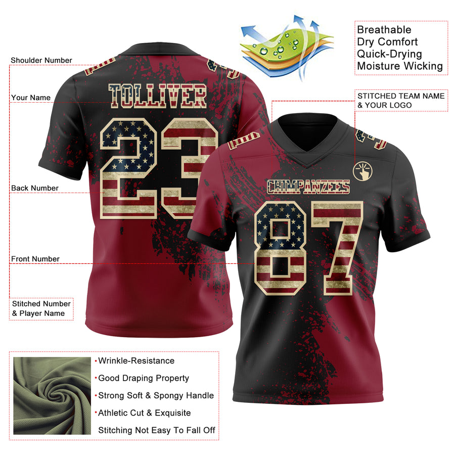 Custom Black Vintage USA Flag Crimson-Cream 3D Pattern Abstract Brush Stroke Authentic Football Jersey