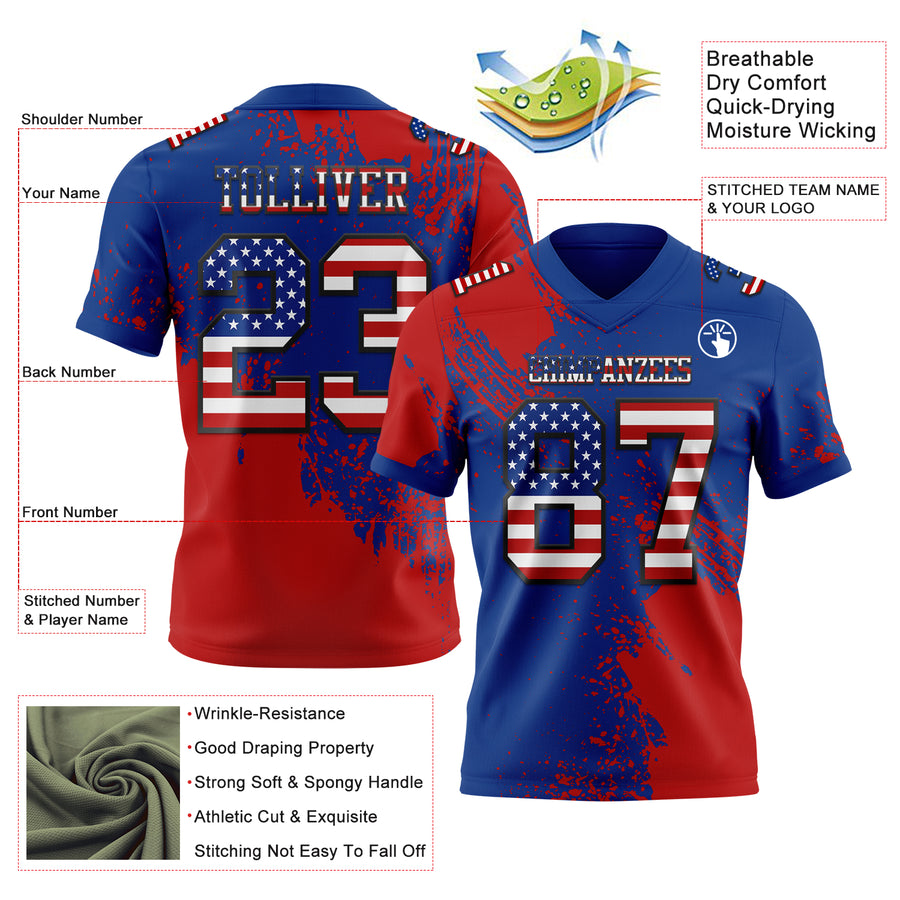 Custom Royal USA Flag Red-Black 3D Pattern Abstract Brush Stroke Authentic Football Jersey