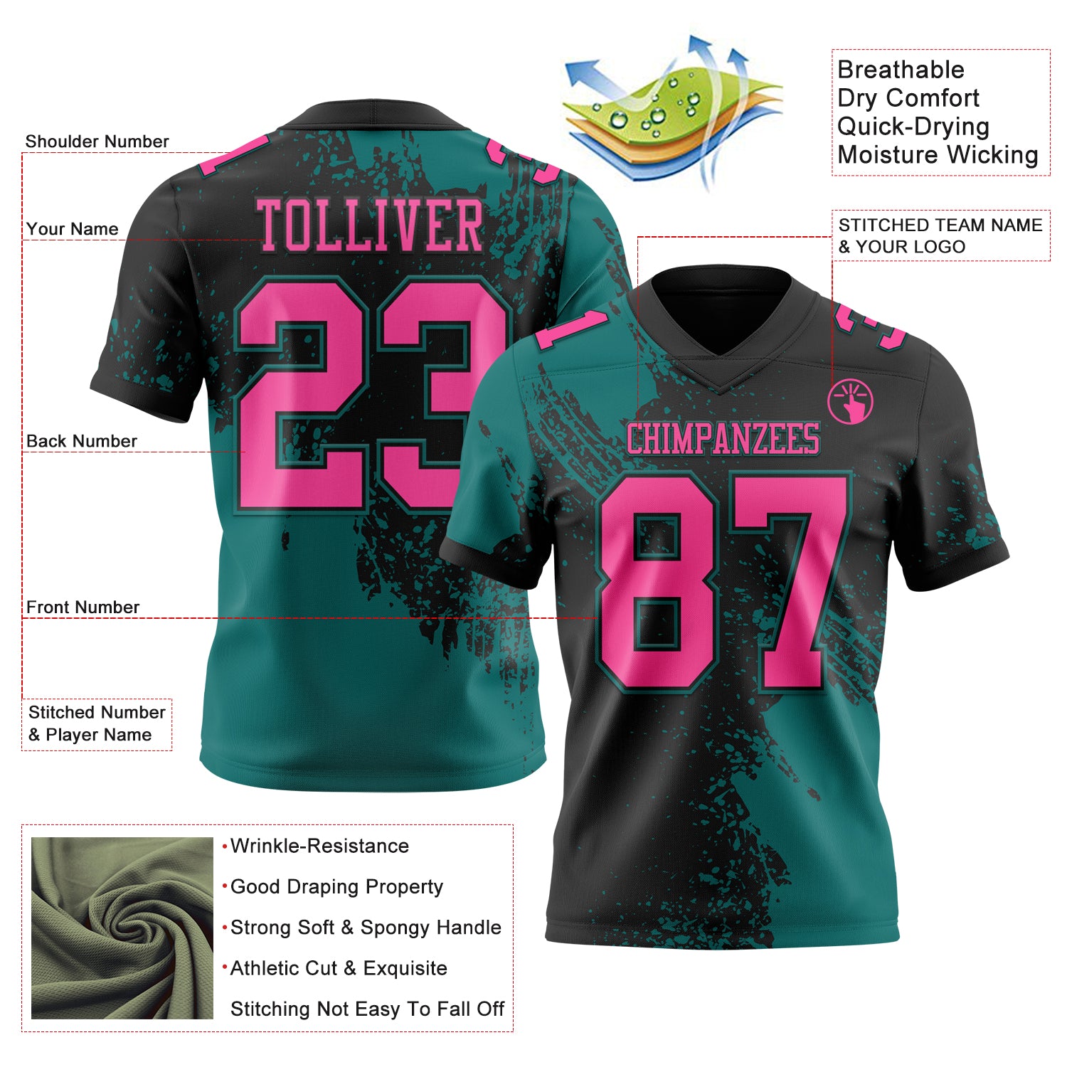 Custom Black Pink-Teal 3D Pattern Abstract Brush Stroke Authentic Football Jersey