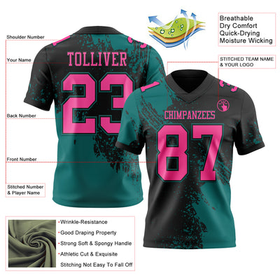 Custom Black Pink-Teal 3D Pattern Abstract Brush Stroke Authentic Football Jersey