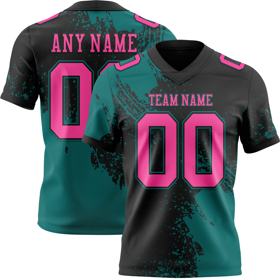 Custom Black Pink-Teal 3D Pattern Abstract Brush Stroke Authentic Football Jersey
