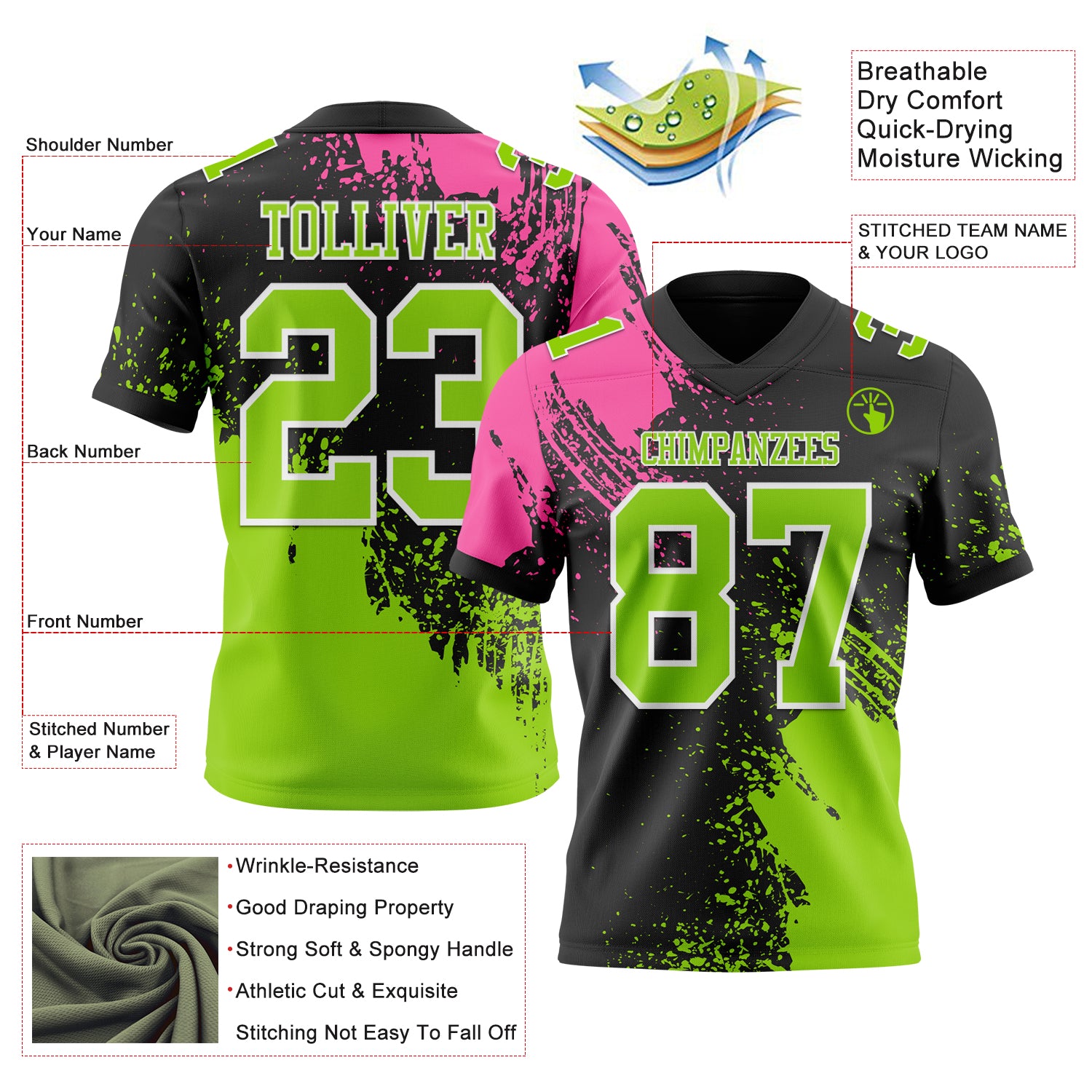 Custom Black Neon Green-Pink 3D Pattern Abstract Brush Stroke Authentic Football Jersey