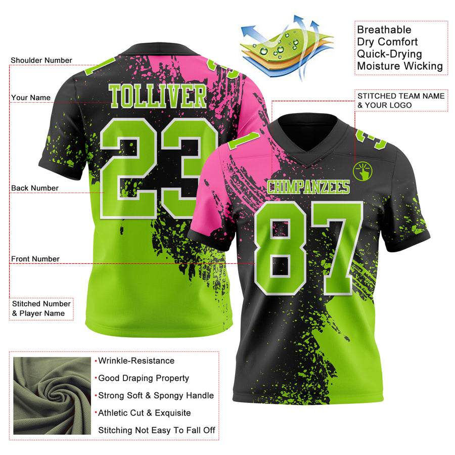 Custom Black Neon Green-Pink 3D Pattern Abstract Brush Stroke Authentic Football Jersey