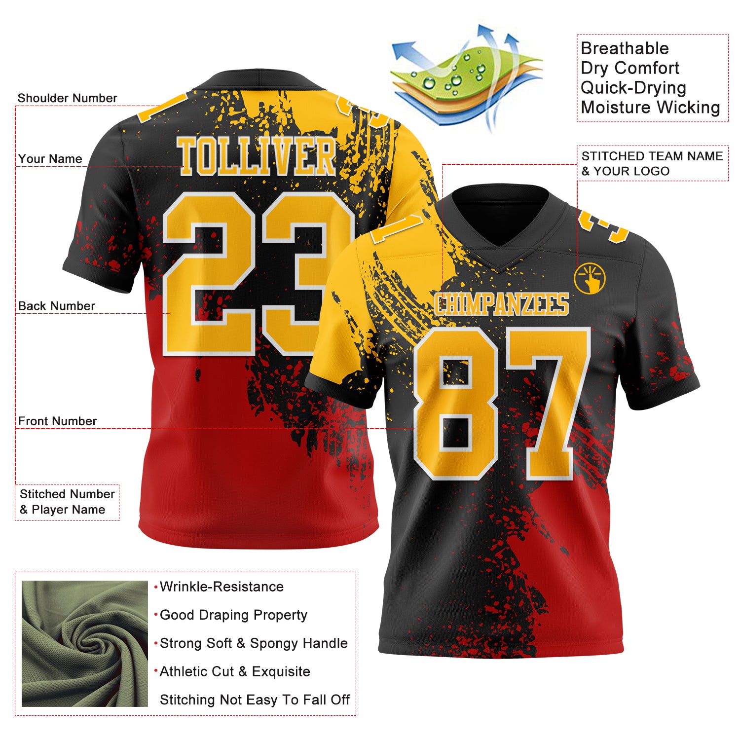 Custom Black Gold Red-White 3D Pattern Abstract Brush Stroke Authentic Football Jersey