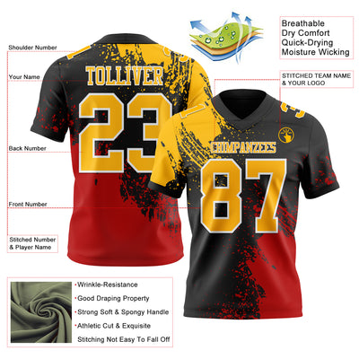Custom Black Gold Red-White 3D Pattern Abstract Brush Stroke Authentic Football Jersey
