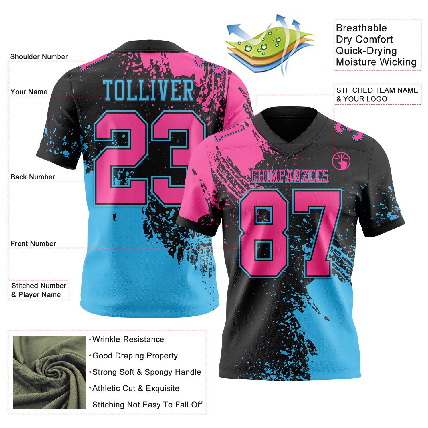 Custom Black Pink-Sky Blue 3D Pattern Abstract Brush Stroke Authentic Football Jersey