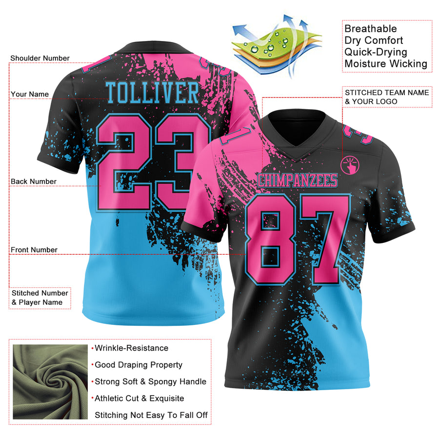 Custom Black Pink-Sky Blue 3D Pattern Abstract Brush Stroke Authentic Football Jersey