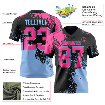 Custom Black Pink-Light Blue 3D Pattern Abstract Brush Stroke Authentic Football Jersey