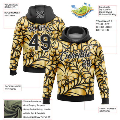 Custom Stitched Black White 3D Pattern Design Golden Subtle Floral Sports Pullover Sweatshirt Hoodie