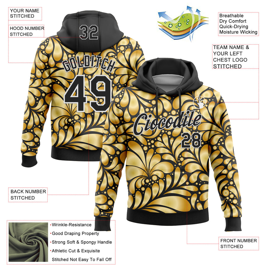 Custom Stitched Black White 3D Pattern Design Golden Subtle Floral Sports Pullover Sweatshirt Hoodie