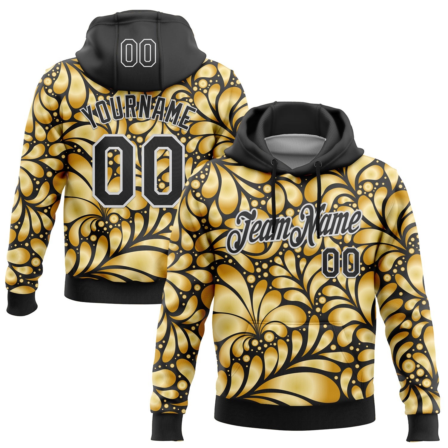 Custom Stitched Black White 3D Pattern Design Golden Subtle Floral Sports Pullover Sweatshirt Hoodie