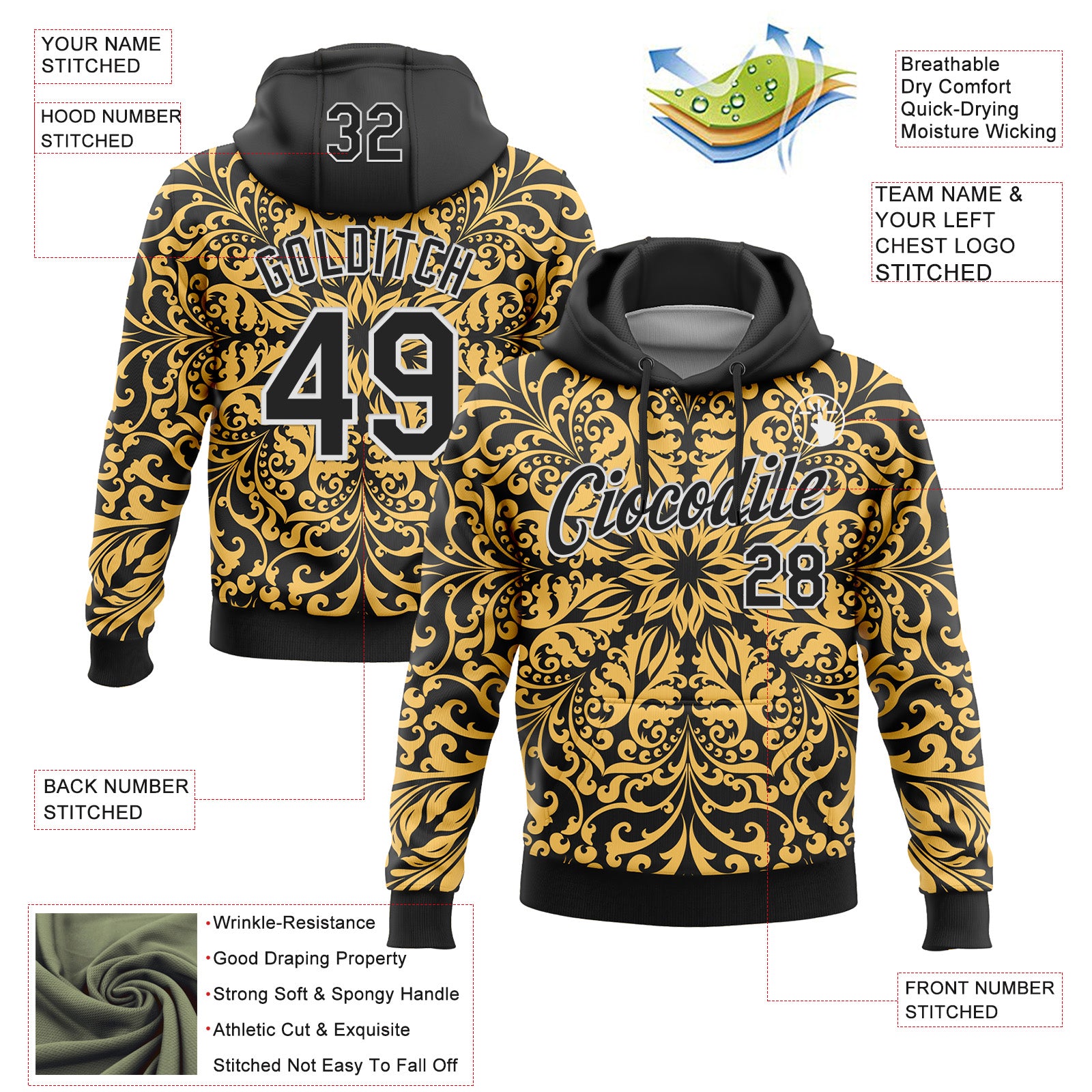 Custom Stitched Black White 3D Pattern Design Golden Subtle Floral Sports Pullover Sweatshirt Hoodie