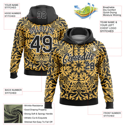 Custom Stitched Black White 3D Pattern Design Golden Subtle Floral Sports Pullover Sweatshirt Hoodie