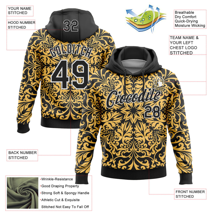 Custom Stitched Black White 3D Pattern Design Golden Subtle Floral Sports Pullover Sweatshirt Hoodie