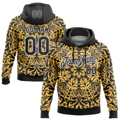 Custom Stitched Black White 3D Pattern Design Golden Subtle Floral Sports Pullover Sweatshirt Hoodie