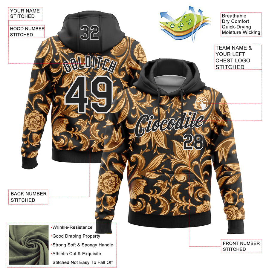 Custom Stitched Black White 3D Pattern Design Golden Subtle Floral Sports Pullover Sweatshirt Hoodie