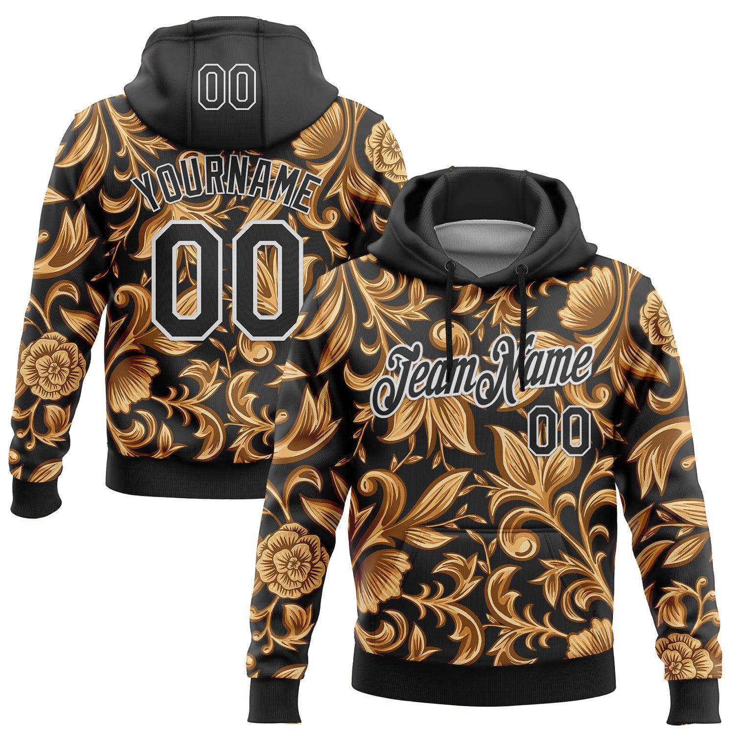Custom Stitched Black White 3D Pattern Design Golden Subtle Floral Sports Pullover Sweatshirt Hoodie