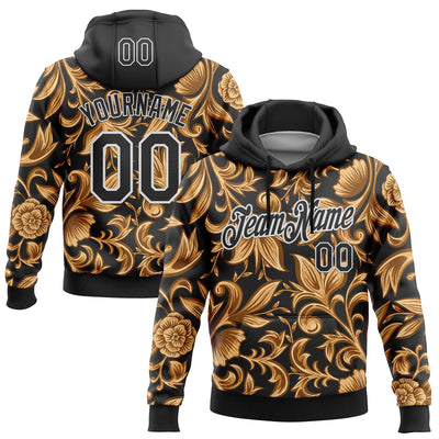 Custom Stitched Black White 3D Pattern Design Golden Subtle Floral Sports Pullover Sweatshirt Hoodie