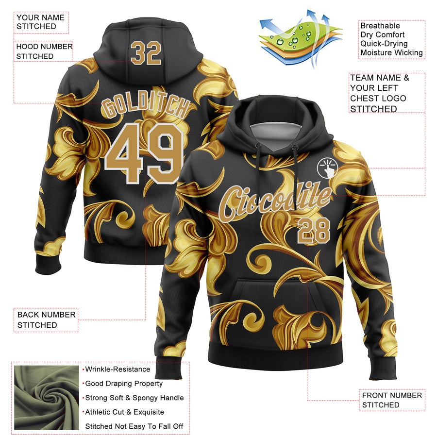 Custom Stitched Black Old Gold-White 3D Pattern Design Golden Subtle Floral Sports Pullover Sweatshirt Hoodie