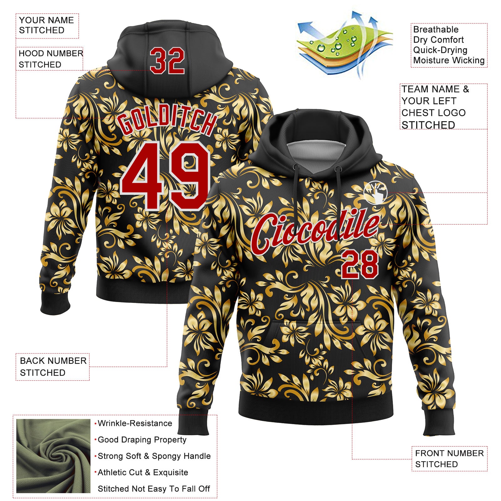 Custom Stitched Black Red-White 3D Pattern Design Golden Subtle Floral Sports Pullover Sweatshirt Hoodie
